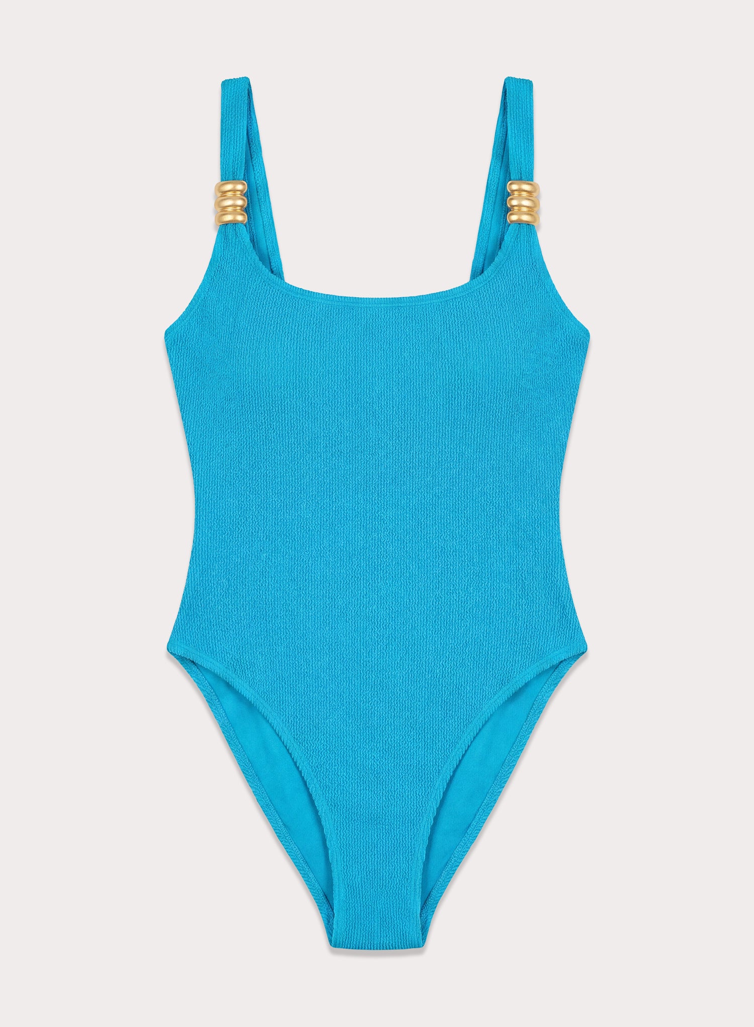 Bright Blue Gold Buckle High Leg Crinkle Swimsuit